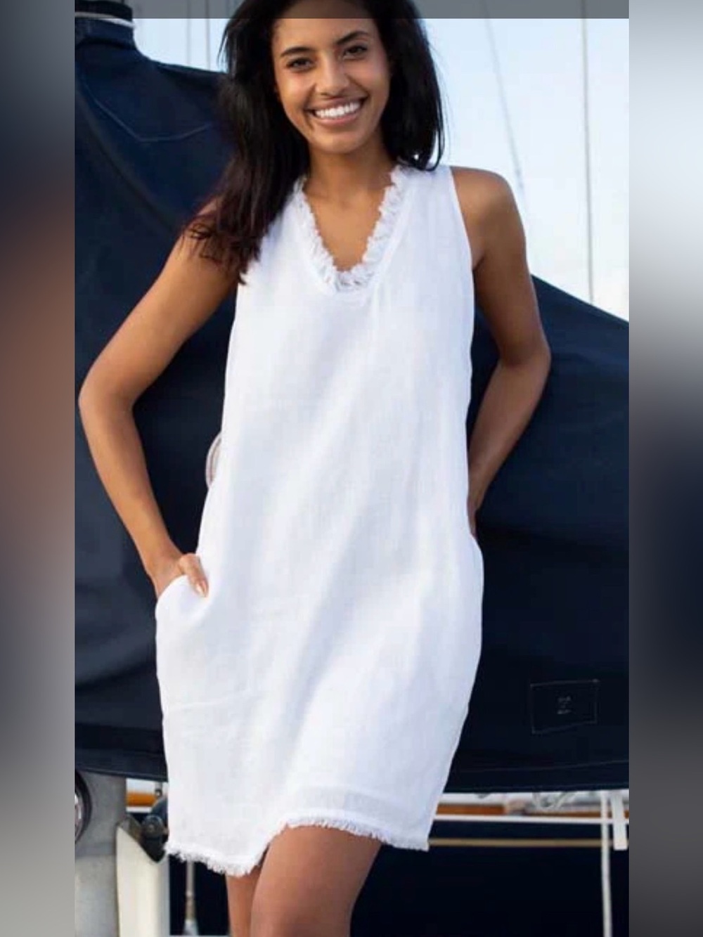 White Sleeveless V-Neck Linen Shift Dress
